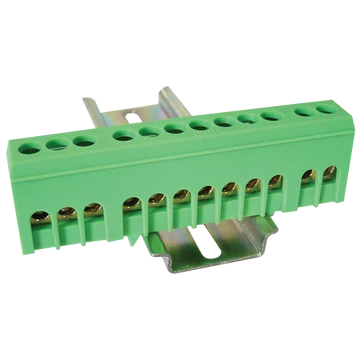 TRACON Szigetelt földelősín (N/PE), zárt, zöld, 230/400VAC, 63A, 6x9mm, 12P, IP20 (NPE-ZG)
