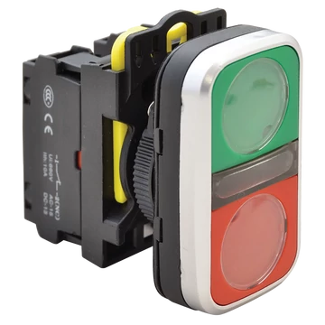 TRACON Kettős BE-KI nyomógomb, zöld+piros, 1xNO+1xNC, 5A/230V AC-15, IP65 (NYG3-D)