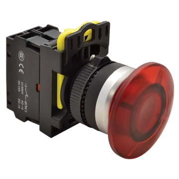 TRACON Gombafejű világító nyomógomb, piros, 1xNC, 5A/230V AC-15, 40mm, IP65, LED 230V AC/DC (NYG3-MLR)