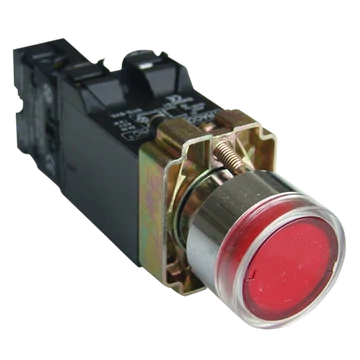 TRACON Világító nyomógomb, fémalap, trafóval, piros, glim, izzó nélk., 1xNC, 3A/400V AC, 6V, IP42 (NYGBW3451P)