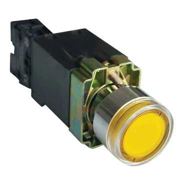 TRACON Világító nyomógomb, fémalap, trafóval, sárga, glim, izzó nélk., 1xNO, 3A/230V AC, 6V, IP42 (NYGBW3541S)
