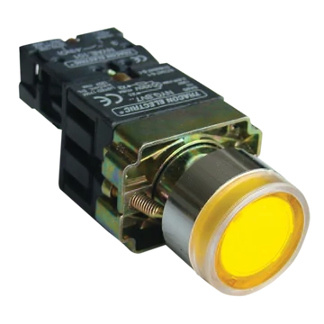 TRACON Világító nyomógomb, fémalap, előtét, sárga, glim, izzó nélk., 1xNO, 3A/230V AC, 130V, IP42 (NYGBW3571S)
