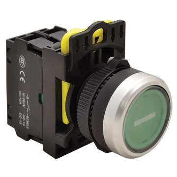 TRACON Jelölt, világító nyomókapcsoló, zöld, (fehér I), 1xNO, 5A/230V AC-15, IP65, LED 230V AC/DC (NYK3-P1L)