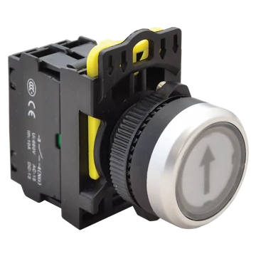TRACON Jelölt, világító nyomókapcsoló, fehér, (fekete nyíl), 1xNO, 5A/230V AC-15, IP65, LED 230V AC/DC (NYK3-P3L)