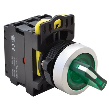 TRACON Világítókaros kapcsoló, zöld, LED, kétállású, rugóvissza, 1xNO+1xNC, 5A/230V AC-15, IP65, LED 230V AC/DC (NYK3-SL24G)