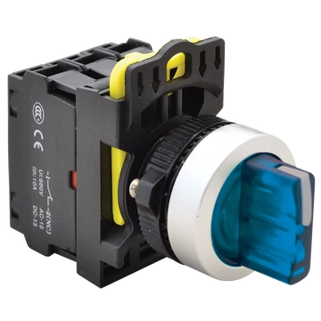 TRACON Világítókaros kapcsoló, kék, LED, háromállású, rugóvissza, 1xNO+1xNC, 5A/230V AC-15, IP65, LED 230V AC/DC (NYK3-SL34B)