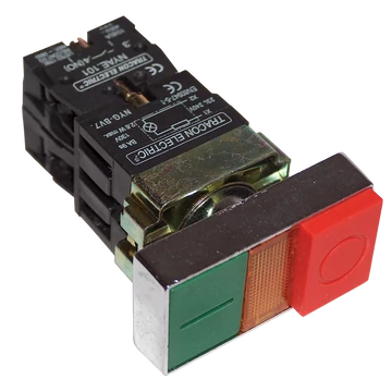 TRACON Kettős BE-KI nyomógomb, fémalap, zöld+piros jelzőfény, 1xNC+1xNO, 3A/230V AC, IP42 (NYKK8375)