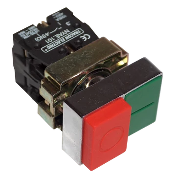 TRACON Tokozott kettős BE-KI nyomógomb, fémalap, zöld+piros kiálló, 1xNC+1xNO, 3A/400V AC, IP44 (NYKK8425T)