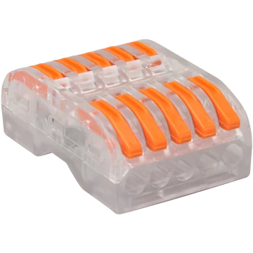 TRACON Csavar nélküli vezetékösszekötő, toldó, nyitható, átlátszó, 0,5-4mm2, 32A, 400VAC 5P (OVOTT55)