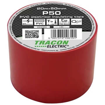 TRACON Szigetelőszalag, piros, 20mx50mm, PVC, 0-90°C, 40kV/mm (P50)