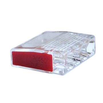 TRACON Csavar nélküli vezetékösszekötő, átlátszó/piros, 4x0,5-2,5mm2, 450VAC, max. 16A (RVO2,5-4)