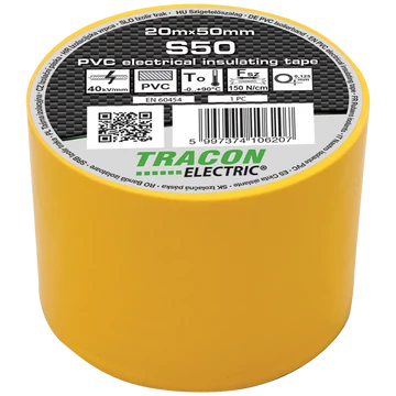TRACON Szigetelőszalag, sárga, 20mx50mm, PVC, 0-90°C, 40kV/mm (S50)