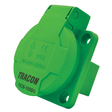 TRACON Beépíthető csatlakozóaljzat, oldalsó védőérintkezővel, kerek, 16A, 250V, 2P+E, IP44 (SCHUKO) (TICS-105SG)