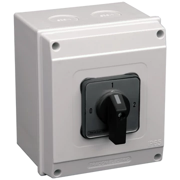 TRACON Tokozott választókapcsoló, 0-1-2, 400V, 50Hz, 20A, 2x4P, 5,5kW, 48x48mm, 90°, IP65 (TKB-209/4T65)