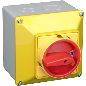 TRACON Tokozott főkapcsoló, lakatolható, sárga fedéllel, BE-KI, 400V, 50Hz, 32A, 4P, 11kW, 64x64mm, IP65 (TKFL-32T65S)