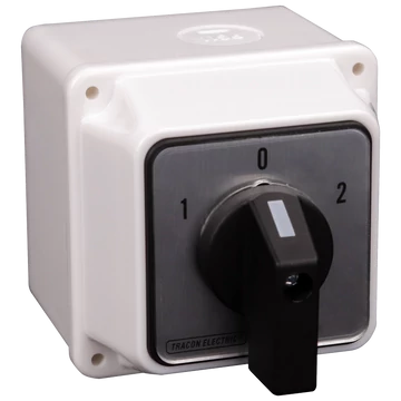 TRACON Tokozott választókapcsoló, 1-0-2, 400V, 50Hz, 20A, 2x3P, 5,5kW, 48x48mm, 60°, IP44 (TKV-206/3T)