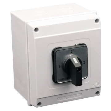 TRACON Tokozott választókapcsoló, 1-0-2, 400V, 50Hz, 25A, 2x4P, 7,5kW, 48x48mm, 90°, IP65 (TKV-259/4T65)