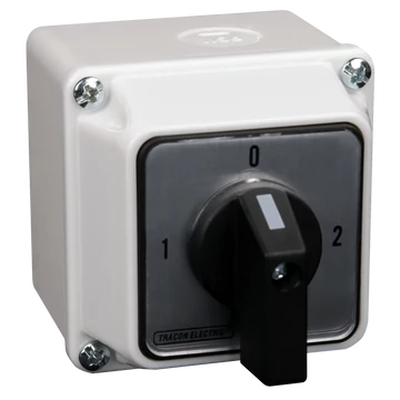 TRACON Tokozott választókapcsoló, 1-0-2, 400V, 50Hz, 32A, 2x4P, 11kW, 64x64mm, 90°, IP44 (TKV-329/4T)