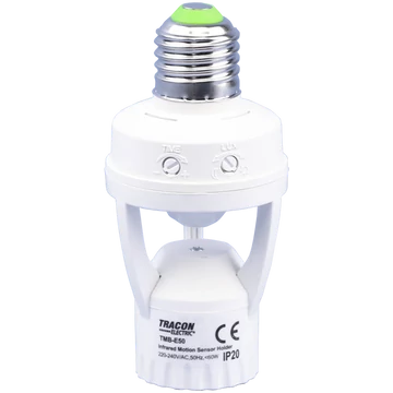 TRACON Mozgásérzékelő adapter, infra, E27 foglalatba, 230V, 50Hz, 120°, max. 6m, 10s-5min, 3-2000 lux, IP20 (TMB-E50)