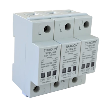 TRACON AC/DC túlfeszültség levezető, 1+2-es típus, egybeépített, 230/400 V, 50 Hz, 8 kA (10/350 us) 40/80 kA (8/20 us), 3P (TTV1+2-80-3P)