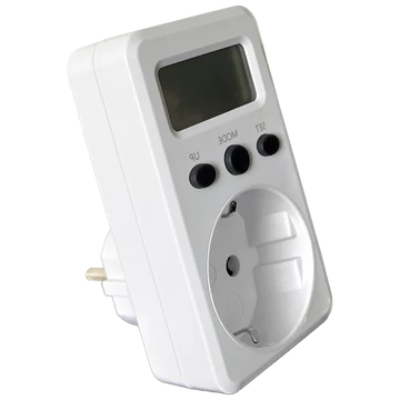 TRACON LCD kijelzőjű dugaszolható fogyasztásmérő, 230 V, 50 Hz, 16 A, 3680 W, V, kWh, cost (TVOD01)