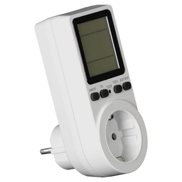 TRACON LCD kijelzőjű dugaszolható fogyasztásmérő, 230 V, 50 Hz, 16 A, 3680 W, V,A,W,kWh,Hz,cosfi,cost (TVOD02)