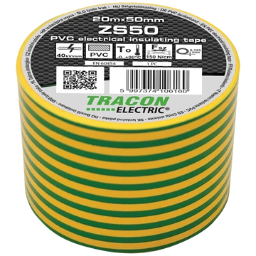 TRACON Szigetelőszalag, zöld-sárga, 20mx50mm, PVC, 0-90°C, 40kV/mm (ZS50)