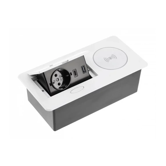 GTV Asztalba süllyeszthető irodai elosztó, IP20, 1x (2P+F), 2x USB töltő(5V, 2,4A),5W induktív töltő, (GTV-AE-PB1SAVAP-10)