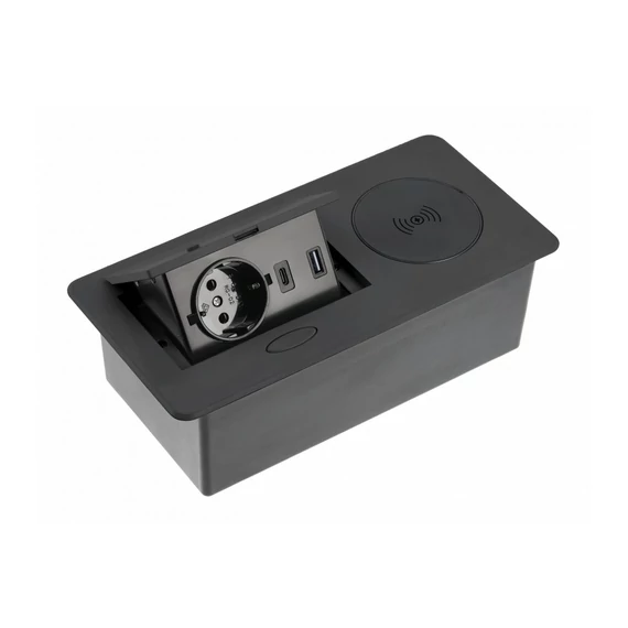 GTV Asztalba süllyeszthető irodai elosztó, IP20, 1x (2P+F), 2x USB töltő(5V, 2,4A),5W induktív töltő, (GTV-AE-PB1SAVAP-20)