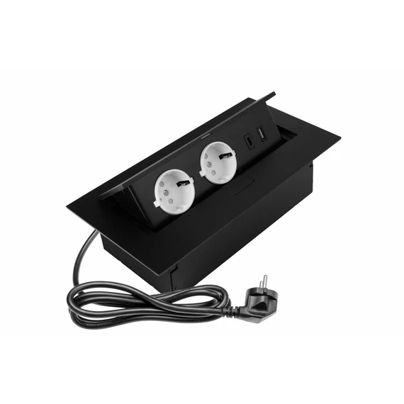 GTV Asztalba süllyeszthető irodai elosztó, 2x(2P+F), 1xUSB-A, 1xUSB-C, IP20, max3600W, fekete (GTV-AE-PBU02GS-20N)