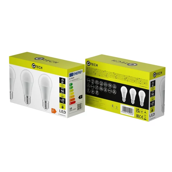 GTV LED fényforrás G-TECH, E27, 10W, 940lm, 87mA, 220-240V/AC, 4000K, 3db/ csomag (GTV-GT-A60NW10W-3)