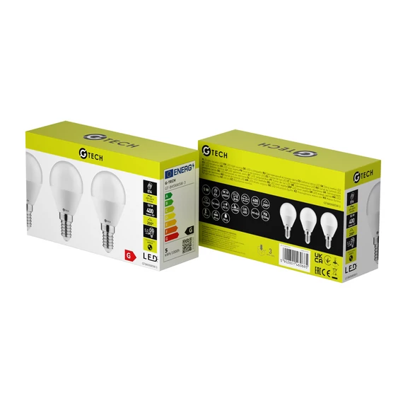 GTV LED fényforrás G-TECH, E14, B45, Kisgömb, 5W, 400lm, 54mA, 220-240V/AC, 4000K, 3db/ csomag (GTV-GT-B45NW5W-3)