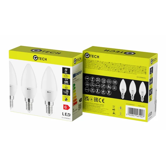 GTV LED fényforrás G-TECH, E14, C37, Gyertya 5W, 400lm, 54mA, 220-240V/AC, 4000K, 3db/ csomag (GTV-GT-C37NW5W-3)