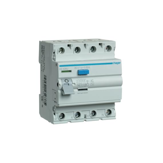 HAGER FI-relé 4P, 25A, 30mA, AC (CD426J)
