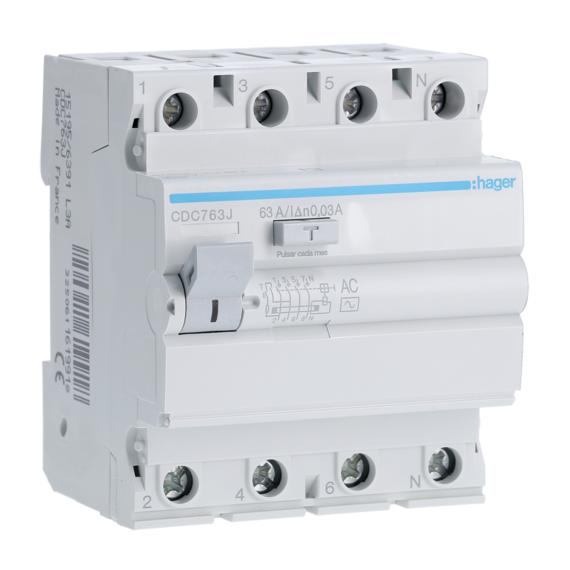HAGER Fi-relé, 4P, 63A, 30mA, AC (CDC763J)