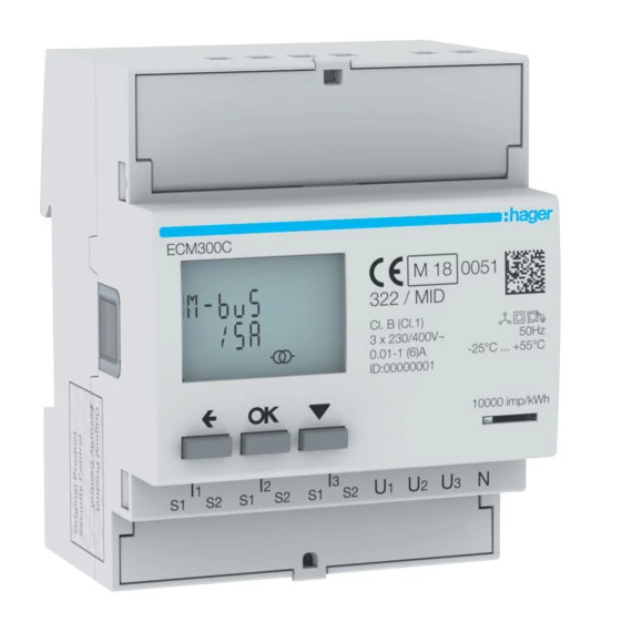 HAGER Fogyasztásmérő, 3Ph CT 1-5A 4M MBUS MID (ECM300C)