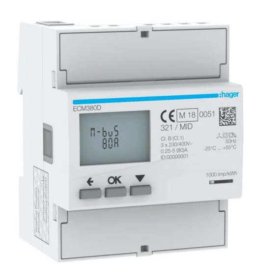 HAGER Fogyasztásmérő, direkt 3Ph 80A 4modul MBUS MID (ECM380D)