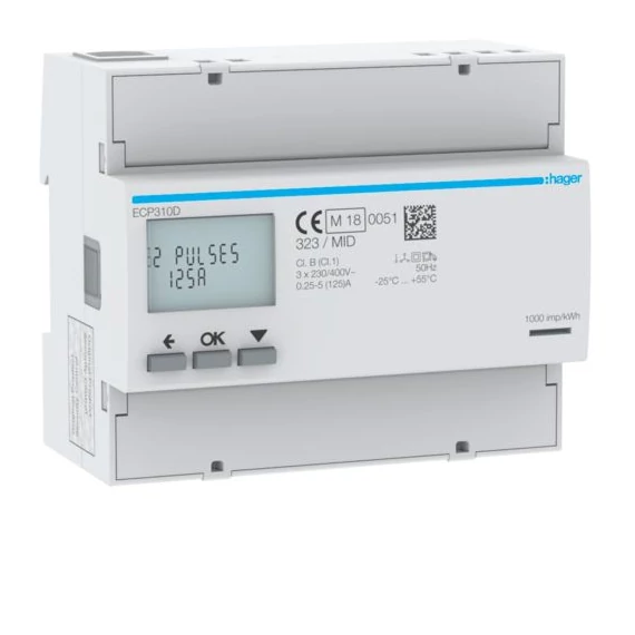 HAGER Fogyasztásmérő, direkt 3Ph 125A 6modul S0 MID (ECP310D)