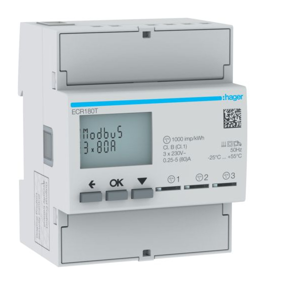 HAGER Fogyasztásmérő, direkt 3x80A 4modul MODBUS (ECR180T)