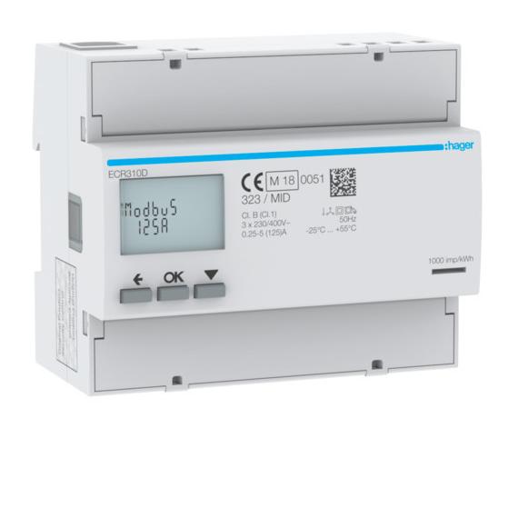 HAGER Fogyasztásmérő, direkt 3Ph 125A 6modul MODBUS MID (ECR310D)