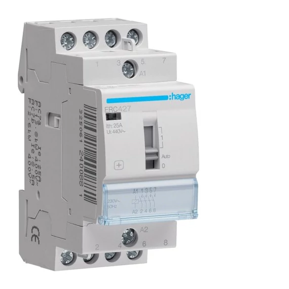 HAGER Mágneskapcsoló, 2Z+2Ny, 25A, 230V AC, I-0-II, moduláris (ERC427)