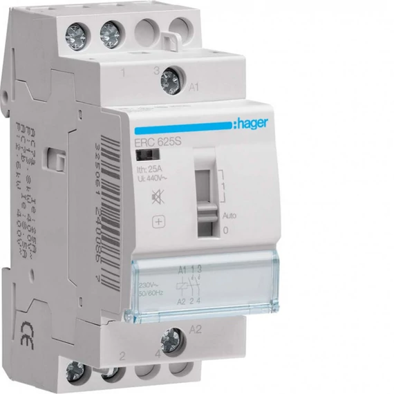 HAGER Csendes mágneskapcsoló, 2Z, 25A, 230V AC, I-0-II, moduláris, növelt kapcs.telj. (ERC625S)