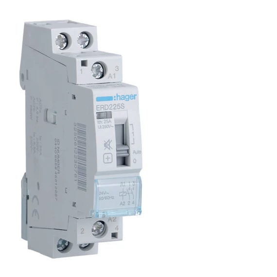 HAGER Csendes mágneskapcsoló, 2Z, 25A, 24V AC, I-0-II, moduláris (ERD225S)