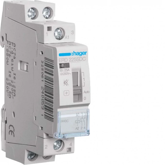 HAGER Csendes mágneskapcsoló, 2Z, 25A, 24V DC, I-0-II, moduláris (ERD225SDC)