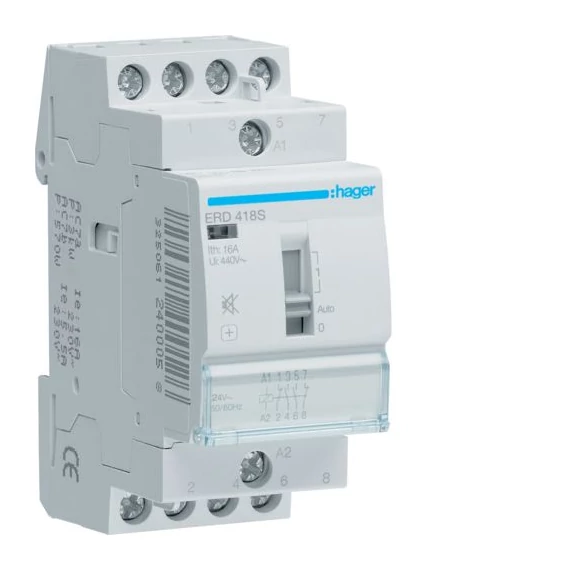 HAGER Csendes mágneskapcsoló, 2Z + 2NY, 16A, 24V AC/DC, I-0-II, moduláris (ERD418S)