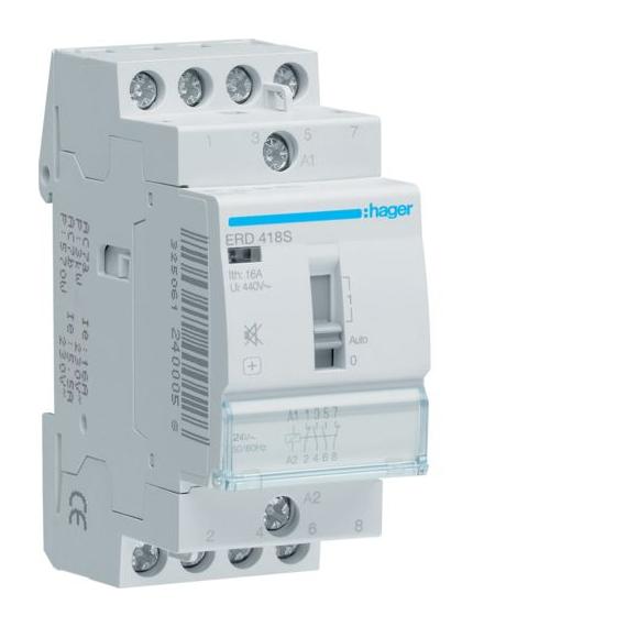 HAGER Csendes mágneskapcsoló, 2Z + 2NY, 16A, 24V AC/DC, I-0-II, moduláris (ERD418S)