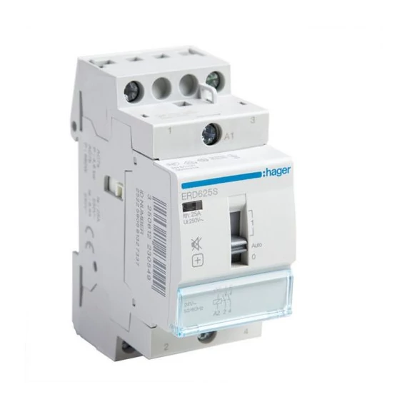 HAGER Csendes mágneskapcsoló, 2Z, 25A, 24V AC, I-0-II, moduláris, növelt kapcs.telj. (ERD625S)