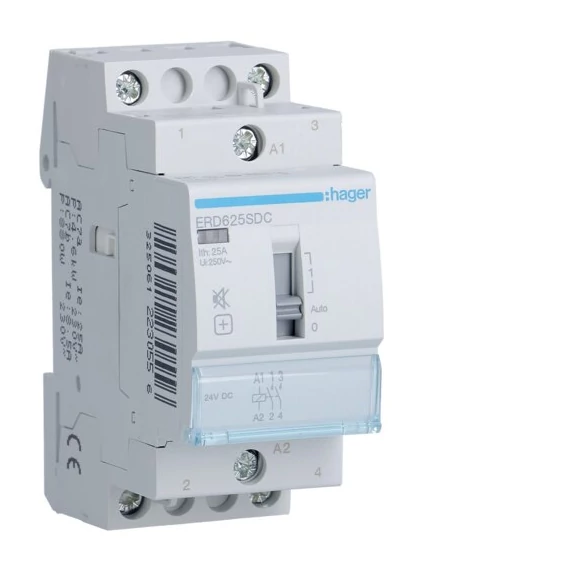 HAGER Csendes mágneskapcsoló, 2Z, 25A, 24V DC, I-0-II, moduláris, növelt kapcs.telj. (ERD625SDC)