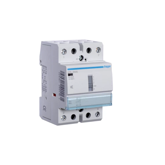 HAGER Csendes mágneskapcsoló, 2Z, 63A, 12V AC/DC, I-0-II, moduláris (ERL263S)