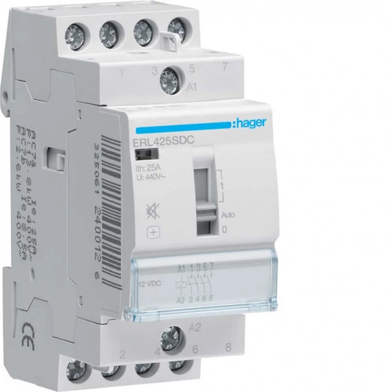 HAGER Csendes mágneskapcsoló, 4Z, 25A, 12V DC, I-0-II, moduláris (ERL425SDC)